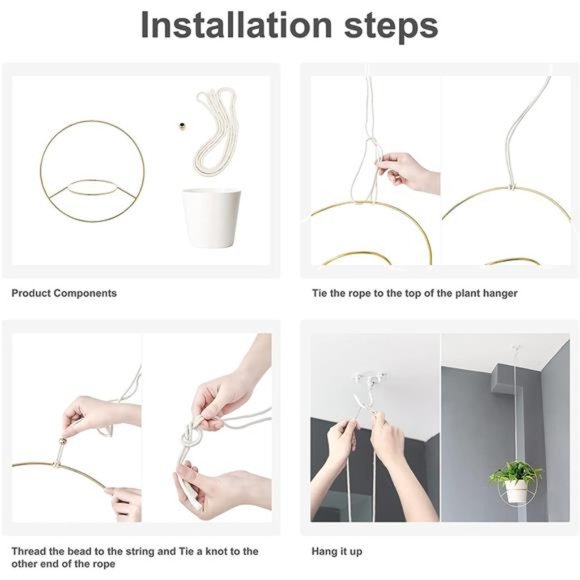 Boho Metal Hanging Planter with Plastic Pots, Set of 2 , Modern Mid Century - Picture 6 of 6